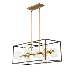 LightFixturesUSA - Mid - Century Glass Bubble Rectangular Cage Island Chandelier - Chandelier - Black + Brass - 