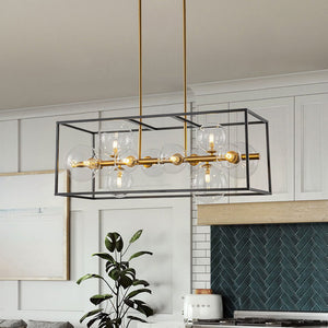 LightFixturesUSA - Mid - Century Glass Bubble Rectangular Cage Island Chandelier - Chandelier - Black + Brass - 
