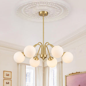 LightFixturesUSA - Mid - Century Opal Glass Globe Brass Sputnik Chandelier - Chandelier - 6 - Lt - 