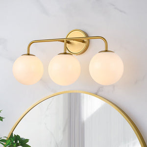 LightFixturesUSA - Mid - century Shine Opal Glass Globe Brass Vanity Light - Wall Sconce - 3 - Lt - 