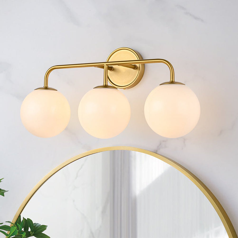 LightFixturesUSA - Mid - century Shine Opal Glass Globe Brass Vanity Light - Wall Sconce - 3 - Lt - 