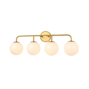 LightFixturesUSA - Mid - century Shine Opal Glass Globe Brass Vanity Light - Wall Sconce - 3 - Lt - 