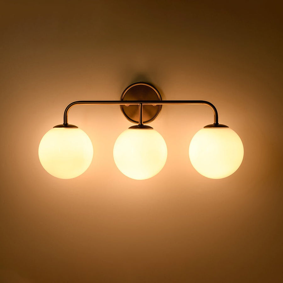 LightFixturesUSA - Mid - century Shine Opal Glass Globe Brass Vanity Light - Wall Sconce - 3 - Lt - 