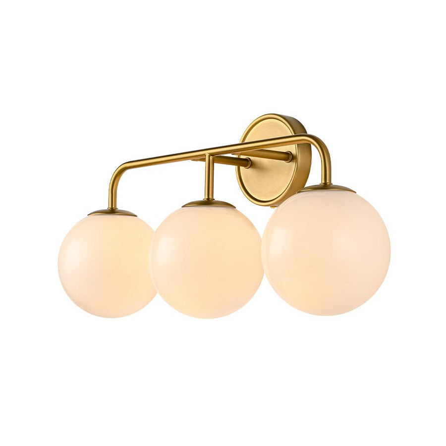 LightFixturesUSA - Mid - century Shine Opal Glass Globe Brass Vanity Light - Wall Sconce - 3 - Lt - 