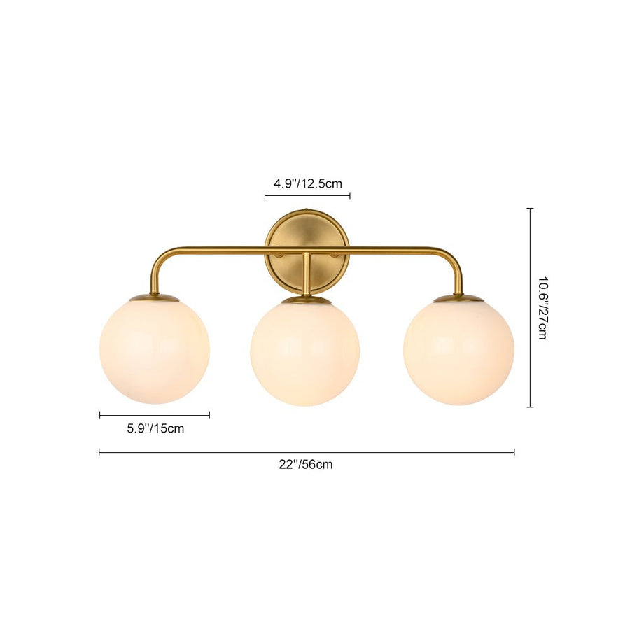 LightFixturesUSA - Mid - century Shine Opal Glass Globe Brass Vanity Light - Wall Sconce - 3 - Lt - 
