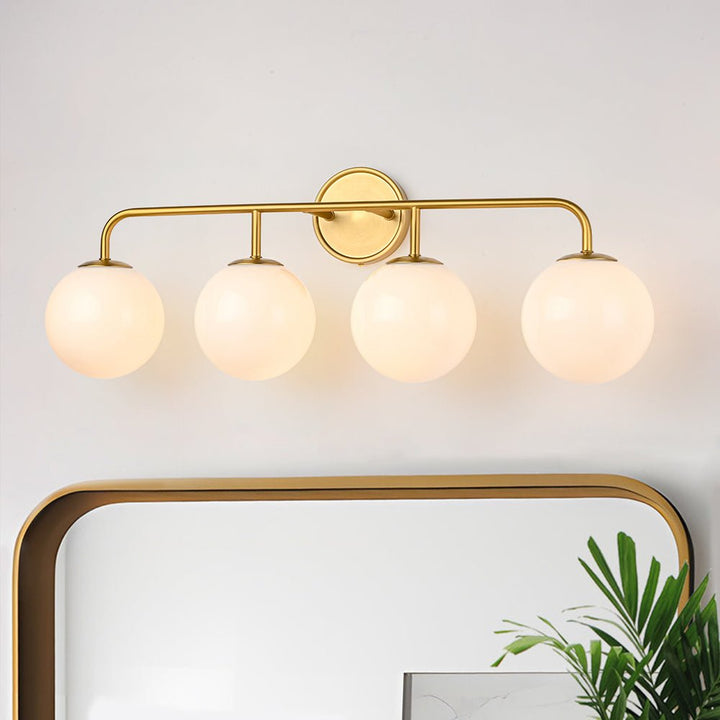 LightFixturesUSA - Mid - century Shine Opal Glass Globe Brass Vanity Light - Wall Sconce - 4 - Lt - 