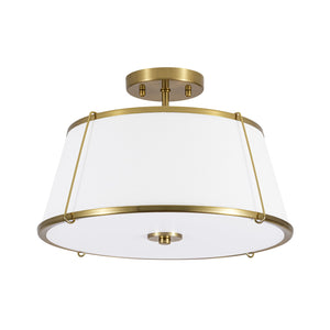 LightFixturesUSA-Mid-Century Wide Linen Drum Cage Brass Semi Flush Mount-Ceiling Light-Brass-