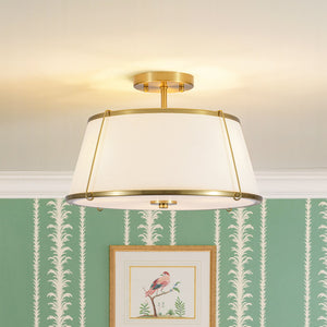 LightFixturesUSA-Mid-Century Wide Linen Drum Cage Brass Semi Flush Mount-Ceiling Light-Brass-