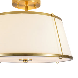 LightFixturesUSA-Mid-Century Wide Linen Drum Cage Brass Semi Flush Mount-Ceiling Light-Brass-