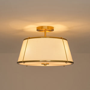 LightFixturesUSA-Mid-Century Wide Linen Drum Cage Brass Semi Flush Mount-Ceiling Light-Brass-