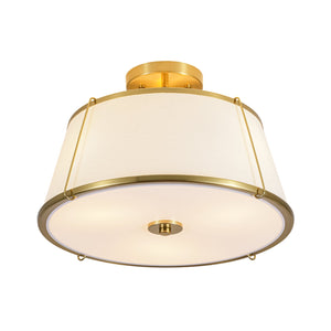 LightFixturesUSA-Mid-Century Wide Linen Drum Cage Brass Semi Flush Mount-Ceiling Light-Brass-