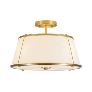 LightFixturesUSA-Mid-Century Wide Linen Drum Cage Brass Semi Flush Mount-Ceiling Light-Brass-