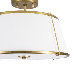 LightFixturesUSA-Mid-Century Wide Linen Drum Cage Brass Semi Flush Mount-Ceiling Light-Brass-