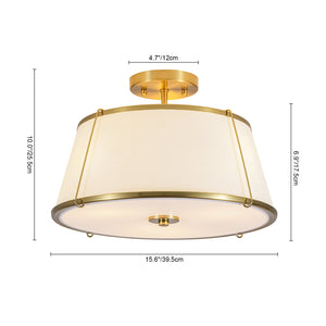 LightFixturesUSA-Mid-Century Wide Linen Drum Cage Brass Semi Flush Mount-Ceiling Light-Brass-