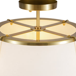 LightFixturesUSA-Mid-Century Wide Linen Drum Cage Brass Semi Flush Mount-Ceiling Light-Brass-