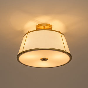 LightFixturesUSA-Mid-Century Wide Linen Drum Cage Brass Semi Flush Mount-Ceiling Light-Brass-