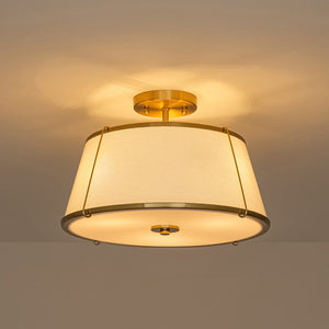 LightFixturesUSA-Mid-Century Wide Linen Drum Cage Brass Semi Flush Mount-Ceiling Light-Brass-