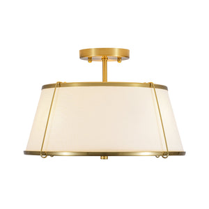 LightFixturesUSA-Mid-Century Wide Linen Drum Cage Brass Semi Flush Mount-Ceiling Light-Brass-