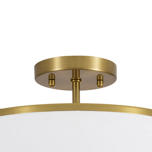 LightFixturesUSA-Mid-Century Wide Linen Drum Cage Brass Semi Flush Mount-Ceiling Light-Brass-