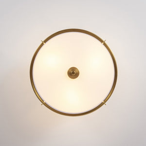 LightFixturesUSA-Mid-Century Wide Linen Drum Cage Brass Semi Flush Mount-Ceiling Light-Brass-