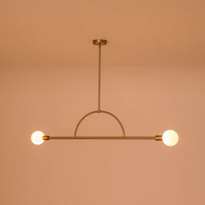LightFixturesUSA-Minimalist 2-Light Opal Glass Globe Linear Arc Island Pendant-Chandelier-Brass-