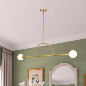 LightFixturesUSA-Minimalist 2-Light Opal Glass Globe Linear Arc Island Pendant-Chandelier-Brass-