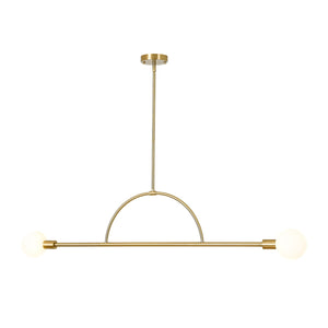 LightFixturesUSA-Minimalist 2-Light Opal Glass Globe Linear Arc Island Pendant-Chandelier-Brass-