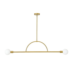 LightFixturesUSA-Minimalist 2-Light Opal Glass Globe Linear Arc Island Pendant-Chandelier-Brass-