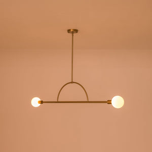 LightFixturesUSA-Minimalist 2-Light Opal Glass Globe Linear Arc Island Pendant-Chandelier-Brass-
