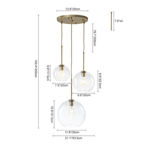 LightFixturesUSA - Minimalist Cluster Clear Glass Globe 3 - Light Pendant - Chandelier - Brass - 