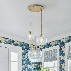 LightFixturesUSA - Minimalist Cluster Clear Glass Globe 3 - Light Pendant - Chandelier - Brass - 