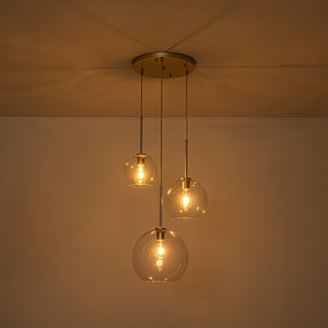 LightFixturesUSA - Minimalist Cluster Clear Glass Globe 3 - Light Pendant - Chandelier - Brass - 