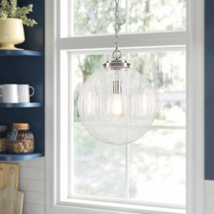 LightFixturesUSA - Modern 1 - light Clear Ribbed Glass Globe Pendant - Pendant Light - Nickel - 