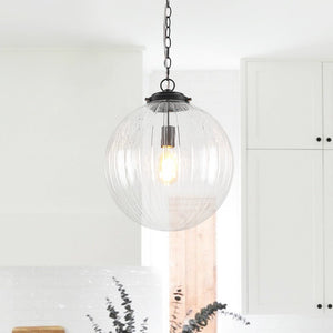 LightFixturesUSA - Modern 1 - light Clear Ribbed Glass Globe Pendant - Pendant Light - Nickel - 