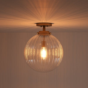 LightFixturesUSA - Modern 1 - Light Clear Ribbed Glass Globe Semi Flush Mount - Ceiling Light - Brass - 