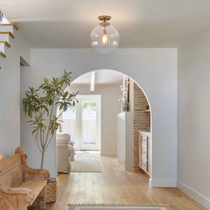 LightFixturesUSA - Modern 1 - Light Clear Ribbed Glass Globe Semi Flush Mount - Ceiling Light - Brass - 