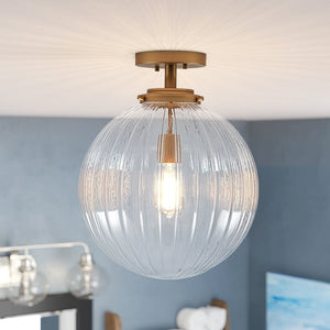 LightFixturesUSA - Modern 1 - Light Clear Ribbed Glass Globe Semi Flush Mount - Ceiling Light - Brass - 