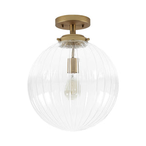 LightFixturesUSA - Modern 1 - Light Clear Ribbed Glass Globe Semi Flush Mount - Ceiling Light - Brass - 