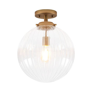 LightFixturesUSA - Modern 1 - Light Clear Ribbed Glass Globe Semi Flush Mount - Ceiling Light - Brass - 