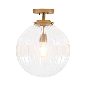 LightFixturesUSA - Modern 1 - Light Clear Ribbed Glass Globe Semi Flush Mount - Ceiling Light - Brass - 