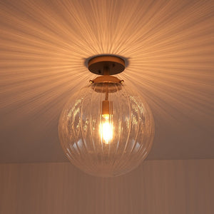 LightFixturesUSA - Modern 1 - Light Clear Ribbed Glass Globe Semi Flush Mount - Ceiling Light - Brass - 