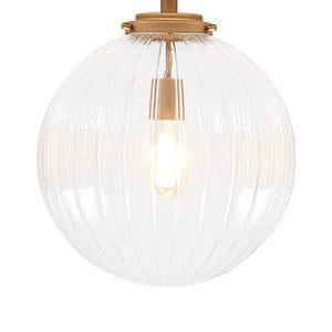 LightFixturesUSA - Modern 1 - Light Clear Ribbed Glass Globe Semi Flush Mount - Ceiling Light - Brass - 
