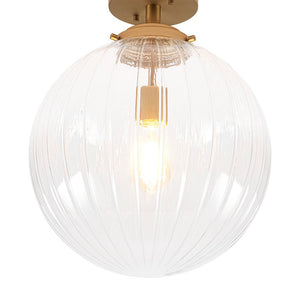LightFixturesUSA - Modern 1 - Light Clear Ribbed Glass Globe Semi Flush Mount - Ceiling Light - Brass - 