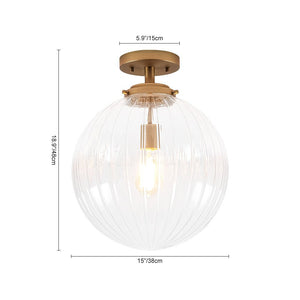 LightFixturesUSA - Modern 1 - Light Clear Ribbed Glass Globe Semi Flush Mount - Ceiling Light - Brass - 