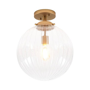 LightFixturesUSA - Modern 1 - Light Clear Ribbed Glass Globe Semi Flush Mount - Ceiling Light - Brass - 