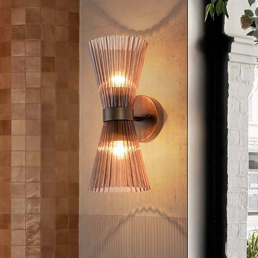 LightFixturesUSA - Modern 2 - Light Up Down Pleated Glass Cone Wall Sconce - Wall Sconce - Tan Glass - 