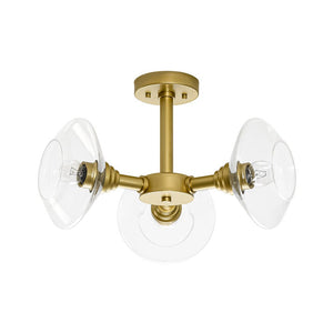 LightFixturesUSA - Modern 3 - Light Clear Glass Round Sputnik Semi Flush Mount - Chandelier - Brass - 