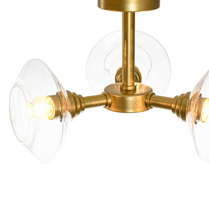 LightFixturesUSA - Modern 3 - Light Clear Glass Round Sputnik Semi Flush Mount - Chandelier - Brass - 