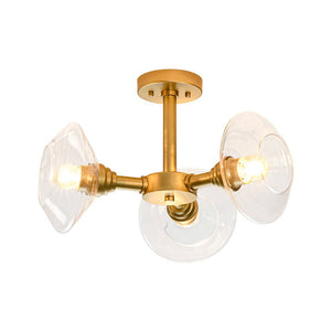 LightFixturesUSA - Modern 3 - Light Clear Glass Round Sputnik Semi Flush Mount - Chandelier - Brass - 