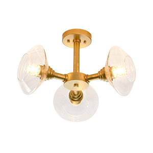 LightFixturesUSA - Modern 3 - Light Clear Glass Round Sputnik Semi Flush Mount - Chandelier - Brass - 